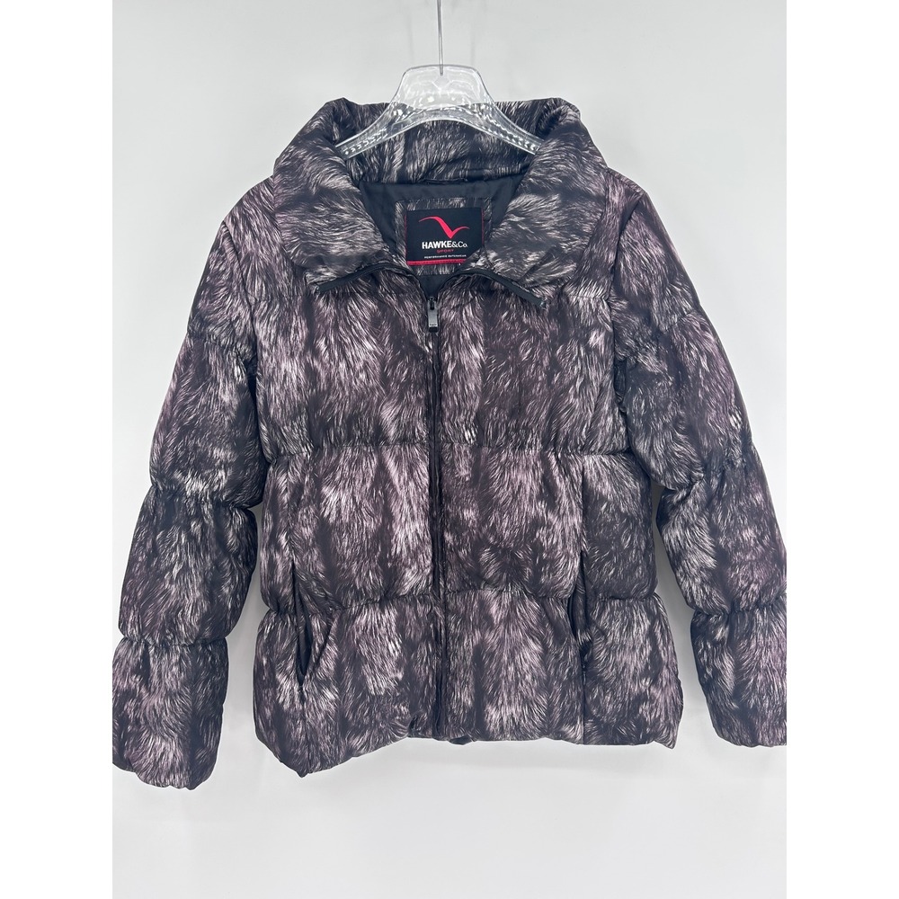 Hawke & Co Puffer Jacket Womens Medium Black Grey Faux Fur Print Down Fill Zip